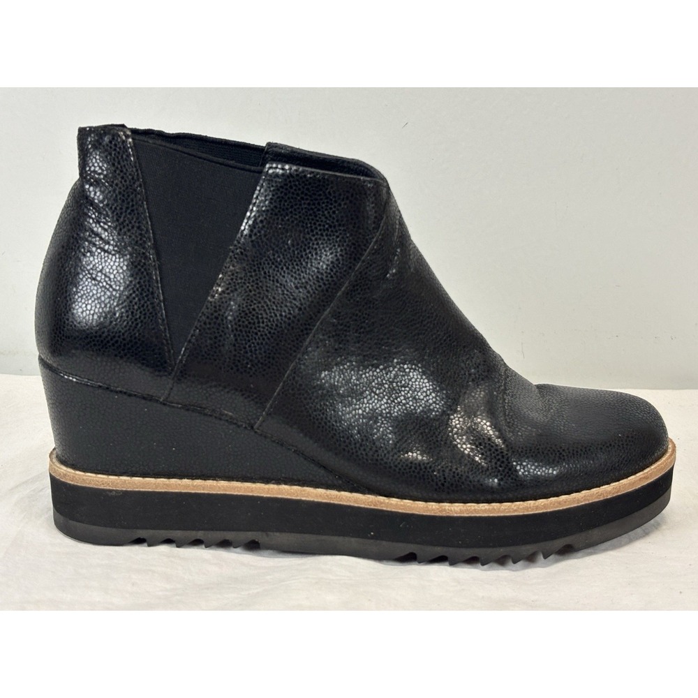 Eileen Fisher Black Leather Boots Sz 10 Women's Embossed Wedge Bootie Minimalist